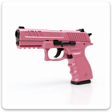 photorealistic pink pistol with heart motifs engraved on the handle, metallic shine, isolated on white sticker