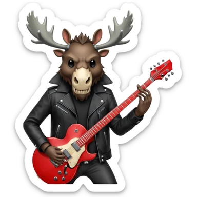 A evil moose headed man with a red electric guitar. The guitar should be pointing directly in the air. And the moose man should look evil and intimidating. match the style of your bleeding skull art , it needs to be much "less cartoonist looking". sticker