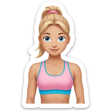 Fit wellness girl – sun-kissed skin, high ponytail, bright blueish eyes, baby pink sports-bra, calm confident smile sticker