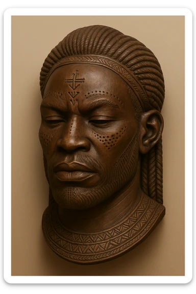 Transform this Mwana Pwo mask into a male version inspired by Cokwe male mask traditions, featuring bold masculine facial features, detailed wood carving, and tribal symbolism. Use a plain background to emphasize the mask's cultural significance. sticker