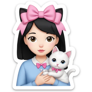 A gurl black hair with one pink bow holding one white cat sticker