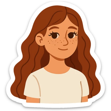 flat-toon style adolescent girl with long wavy hair, freckles, long eyelashes, white top, no background sticker