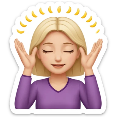 The girl with her eyes closed holds her temples with both hands and smiles slightly sticker