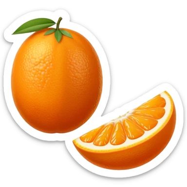 small oval citrus fruit with smooth glossy orange skin, whole and halved to show juicy segments and tiny seeds, firm slightly dimpled texture, miniature scale, no leaves or extras, soft lighting, subtle shadows, emoji scale sticker
