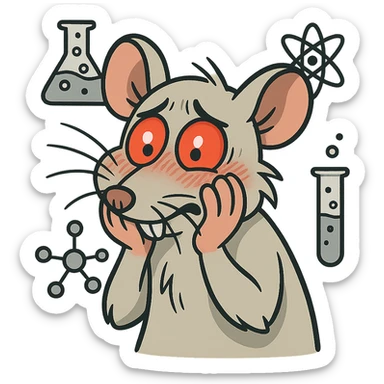 An embarrassed lab rat with red glowing eyes, blushing cheeks, paws on face, light gray fur, cartoon style with detailed whiskers and scientific elements, not in kawaii style. sticker