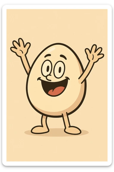 an egg character with hands in the air, cheerful expression, flat illustration style sticker