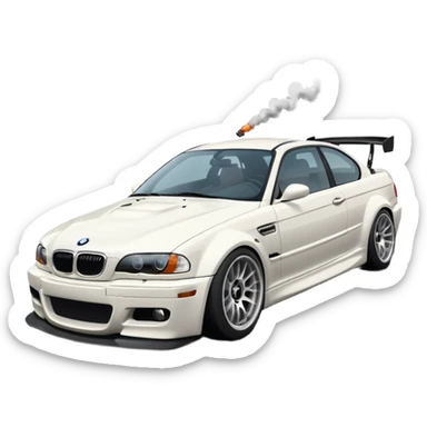 

A white BMW M3 E46, seen from behind at a certain angle, is drifting through a corner; the wheels are not straight, they are changing according to the rotation of the drift. sticker