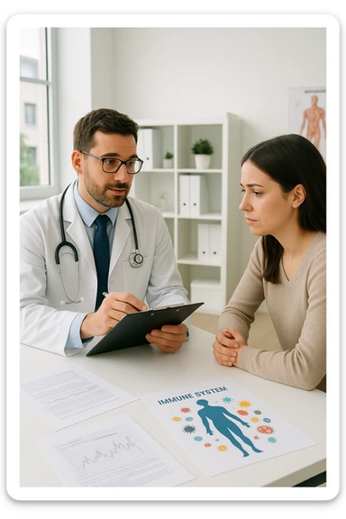 a doctor sits across from a patient in a bright, modern medical office. The doctor holds a clipboard and gently explains the diagnosis, while the patient listens with a concerned but attentive expression. On the desk, there are medical charts and a diagram of the immune system. The mood is empathetic and professional. sticker