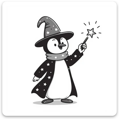 penguin wizard with a starry robe and glowing wand, hand-drawn doodle style sticker
