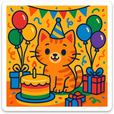 birthday party scene with rainbow balloons, multicolored decorations, confetti, large rainbow birthday cake, gifts, festive atmosphere, featuring a ginger tabby kitten wearing a birthday hat as the main character sticker