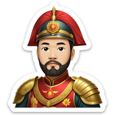 ​Cinematic Realistic Portrait of Trần Hưng Đạo, depicted as a revered Vietnamese general with his characteristic traditional Vietnamese beard and historic armor, his determined gaze illuminated by dramatic historical lighting that evokes his legendary martial spirit and leadership, sticker