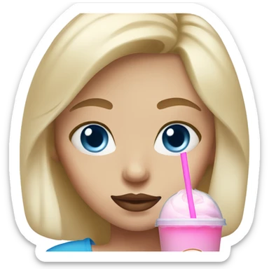 Blondie girl with blue eyes and with pink bubble tea sticker