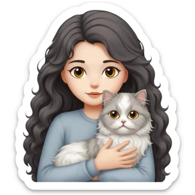 a girl with long dark wavy hair hug a fluffy persian cat with dominant white body and gray on its forehead  sticker
