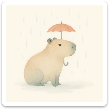 capybara holding a tiny umbrella in the rain, style 4, watercolor art style sticker