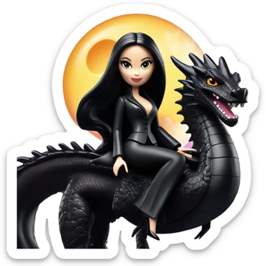  beautifully dressed teen Morticia Addams Barbie Jedi flying on the back of a very large black shiny evil-looking fire-spewing dragon. proper scale sticker