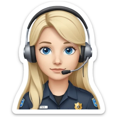 911 dispatcher dark gray uniform, blue eyes, long blond hair, head set sticker