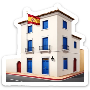 Andalusian-style Spanish house with white walls, blue windows, Spanish flag (red-yellow-red horizontal stripes) hanging from a small flag pole on the facade sticker