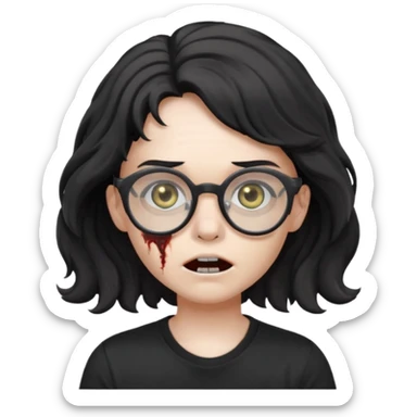 zumbie cabelo ondulado médio preto, camiseta preta, oculos redondo masculino sticker