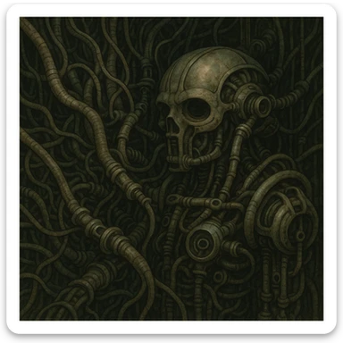 organic wires merging with mechanical elements, Giger-esque, detailed and eerie sticker