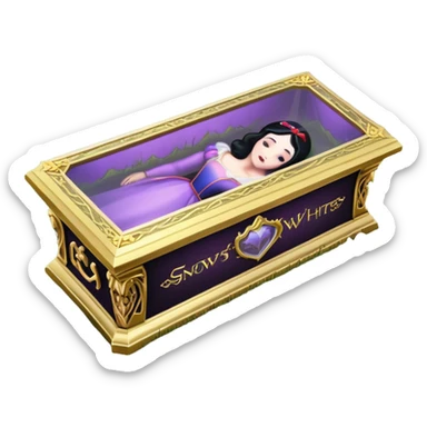 Snow White's coffin in the image is a highly symbolic piece, embodying both solemnity and fairytale charm. It is designed with a transparent glass lid, allowing a clear view of Snow White lying inside in her pure and untouched beauty. The frame around the lid and the base of the coffin is made of gold-colored metal, intricately carved in a Gothic style. Along the side of the coffin, the name “SNOW WHITE” is prominently displayed in ornate, medieval-style lettering, serving as an eternal tribute to the legendary character. The coffin is placed in a quiet forest clearing, resting on a bed of green grass and surrounded by clusters of colorful flowers—purple, pink, and white—which add a sacred and emotional atmosphere. The dwarfs stand nearby in silence, keeping watch and heightening the sense of reverence and sorrow. The entire design of the coffin harmoniously blends medieval artistry with mythical elements, honoring Snow White’s beauty while creating a legendary, fairytale-like setting. sticker