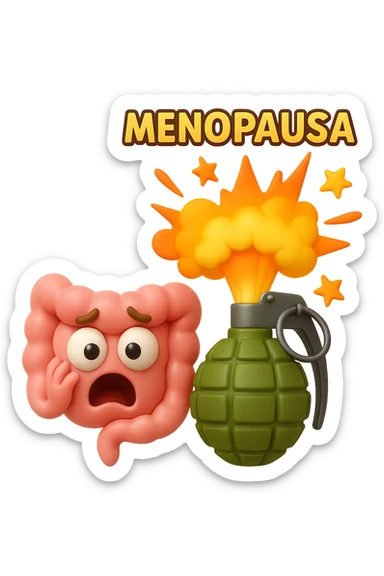 EMOJI STILE IPHONE 3D DI INTESTINO 3D CON ESPRESSIONE SPAVENTATA IN VOLTO MENTRE ACCANTO A LUI SCOPPIA UNA GRANATA 3D CON LA SCRITTA "MENOPAUSA" SOPRA, FAGLI ANCHE LA PARTE BIANCA DEGLI OCCHI, NON SOLO LA PUPILLA sticker