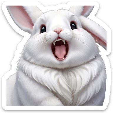 Cinematic Cute Yawning White Rabbit Portrait Emoji, Head tilted slightly with a dramatic, wide-open yawn, showcasing a smooth, silky white fur with floppy ears, round dark eyes barely open in drowsy contentment, Simplified yet irresistibly adorable features, highly detailed, glowing with a soft, cozy glow, high shine, relaxed yet expressive, stylized with a touch of whimsy, bright and endearing, soft glowing outline, capturing the essence of a sleepy yet affectionate bunny, so drowsy it feels like it could stretch out of the screen and curl up for a nap! sticker