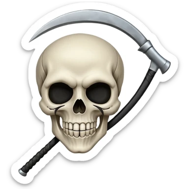 A laughing skull with a scythe crossed behind it, one eye socket winking. Clean, stylized lines, flat vector. Medieval woodcut style. Black and white with one accent color (tarnished silver). No background. sticker