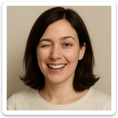 portrait of a white lady with dark brown shoulder length hair, winking, simple background sticker