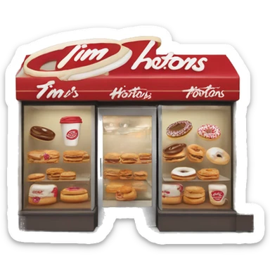 “Tim Hortons store with a red and white color scheme, featuring the classic Tim Hortons logo, a warm and welcoming design that represents a popular coffee and donut shop.” sticker