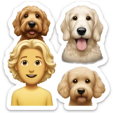 Goldendoodle with a white man man with brown hair and a white woman with blonde hair sticker