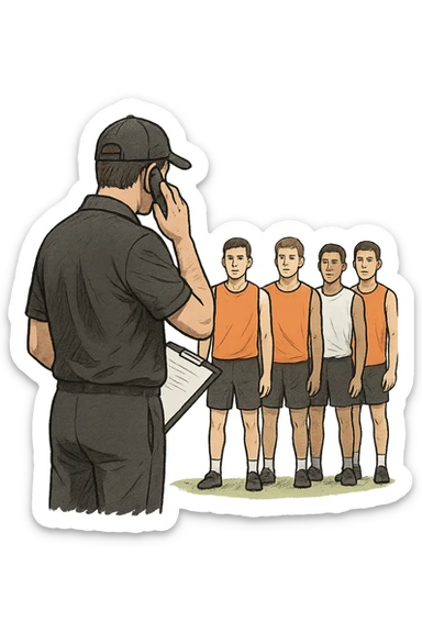 a coach is seen far away on the sidelines, partially turned away from the team or group, engaged in another activity (like reading, texting, or talking on the phone), while the athletes look toward them for support or instruction. The distance between coach and team is visually clear, symbolizing lack of presence. in italiano sticker