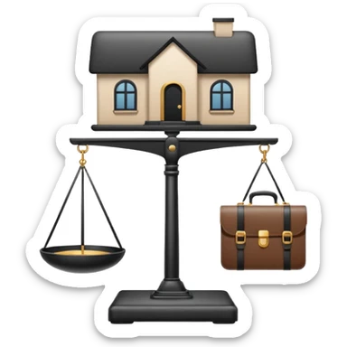 Minimalistic flat vector icon, iOS style, thin black contour on white background. Balanced scale with a house on one side and a briefcase on the other. Clean, no text, no shadows.
 sticker