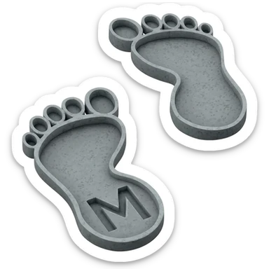 Minimalist 3D emoji: two stylized, bare footprints impressed deeply into soft, wet concrete. Textured surface. Engraved inside the heel of the leading footprint is a small, sharp chrome geometric 'M'. Isometric view, isolated on white --no background sticker
