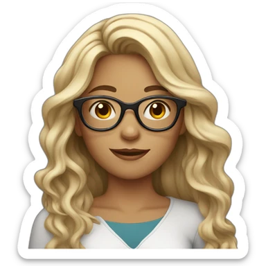 girl with long wavy hair and big glasses working on laptop sticker
