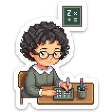 grandma with short curly black hair doing math sticker