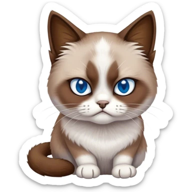 Cinematic Meme-Worthy Grumpy Snowshoe Cat Portrait Emoji, Head held high but eyes filled with dramatic disappointment, soft brown fur, white paws planted firmly in defiance, signature grumpy cat frown perfectly etched on its face, icy-blue eyes radiating pure disapproval, Simplified yet hilariously over-exaggerated features, highly detailed, glowing with an aura of supreme annoyance, high shine, exhausted yet judgmental, stylized with an almost regal pettiness, bright but brooding, soft glowing outline, capturing the essence of a feline that has seen it all and is thoroughly unimpressed, so meme-worthy it feels like it could instantly become the next viral sensation of grumpiness! sticker