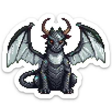 pixel art of a black dragon, big wings, two medium horns on its head sticker