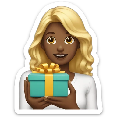blond woman opening gift sticker