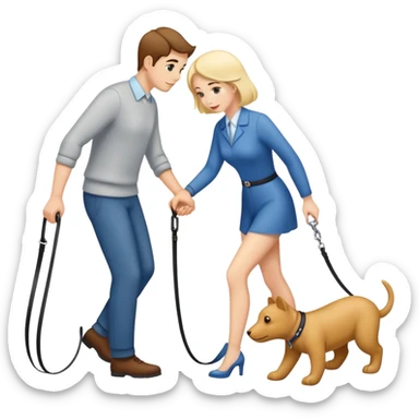 woman walking a man on all fours with a leash sticker