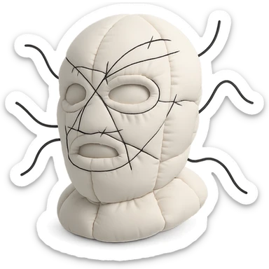 The mask is a full-head, white knitted balaclava with a tight ribbed texture. It features two asymmetrical eye openings and a partially exposed mouth area. Black thread is stitched across the surface in chaotic, abstract lines that trace facial features, giving a hand-drawn effect. Several black cords extend outward from the mask, varying in length and direction, adding a sculptural, almost organic appearance. The overall look is bold, handcrafted, and visually striking. sticker