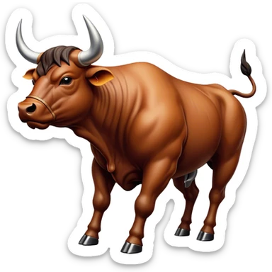 Cinematic Realistic depiction of a powerful Spanish charging bull, rendered with dynamic muscle definition and detailed, textured hide, set against a dramatic backdrop with intense, action-packed lighting sticker