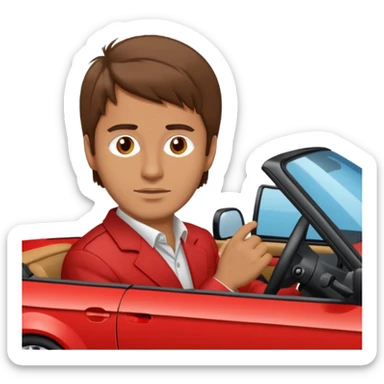 Guy with brown hair driving red BMW e30 with sticker