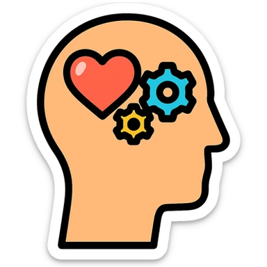 Vector illustration of a human head icon in profile view, with a heart or gears inside the head symbolizing emotional intelligence or cognitive processing. Clean and sharp lines, with subtle realistic shadows and glossy highlights for depth. Flat yet modern vector style. Transparent background sticker
