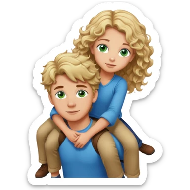 please make me an emoji of a short, tan, long curly brown hair girl with green eyes piggy back riding a her boyfriend who is tall, tan, boy with blonde hair, and blue eyes  sticker