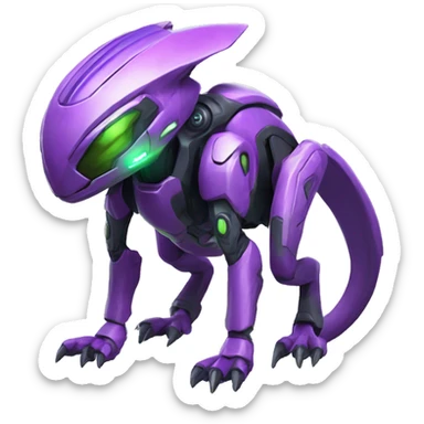 a purple-green Genesect-Raptor-Fakémon—hybrid with a futuristic visor-helmet full body sticker
