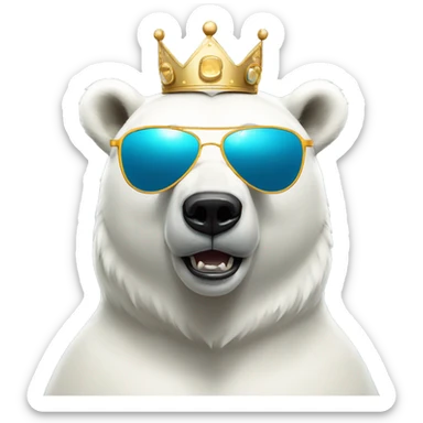 polar bear dj, cute emoji face, looking forward, wearing cool sunglasses, wearing over-ear headphones, wearing a fun crown on top of his head sticker