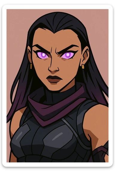 Valorant agent Reyna close-up portrait with glowing purple eyes, dark hair, intense look, stylized with bold lines, game art style sticker