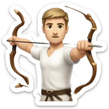 a male archer bending a bow, wearing a white shirt, very short brown hair, bright skin, only show upper part of the body from waist up sticker
