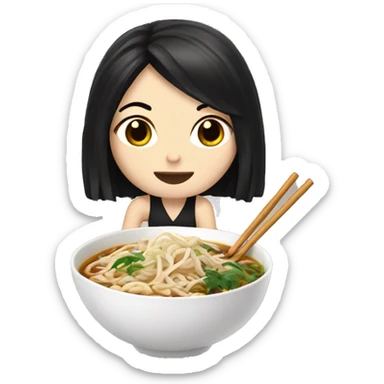 White girl with black hair eating pho/noodles sticker