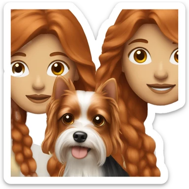 Redhead woman with long hair holding a Yorkie dog sticker